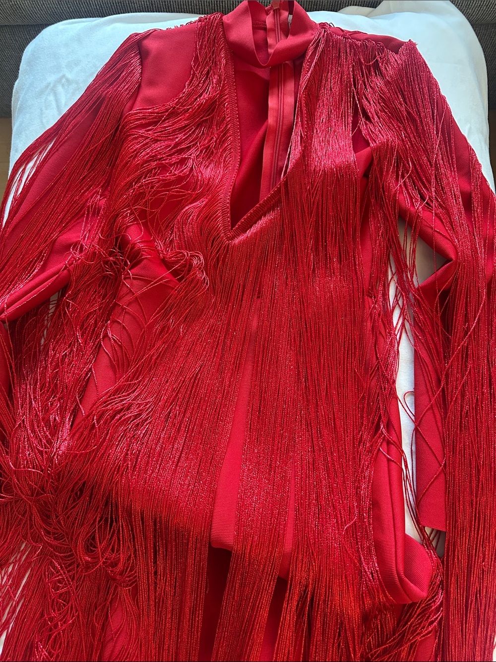 AKIRA Red Fringe Jumpsuit with Deep V Neck - Picture 4 of 6